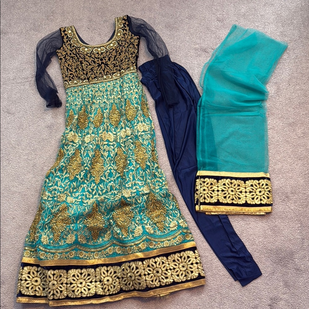 Elegant Blue and Gold Embroidered Dress Set
